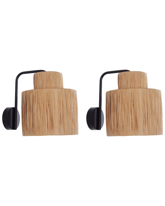  Set Of 2 Wall Lamps SHINFA Wicker Natural