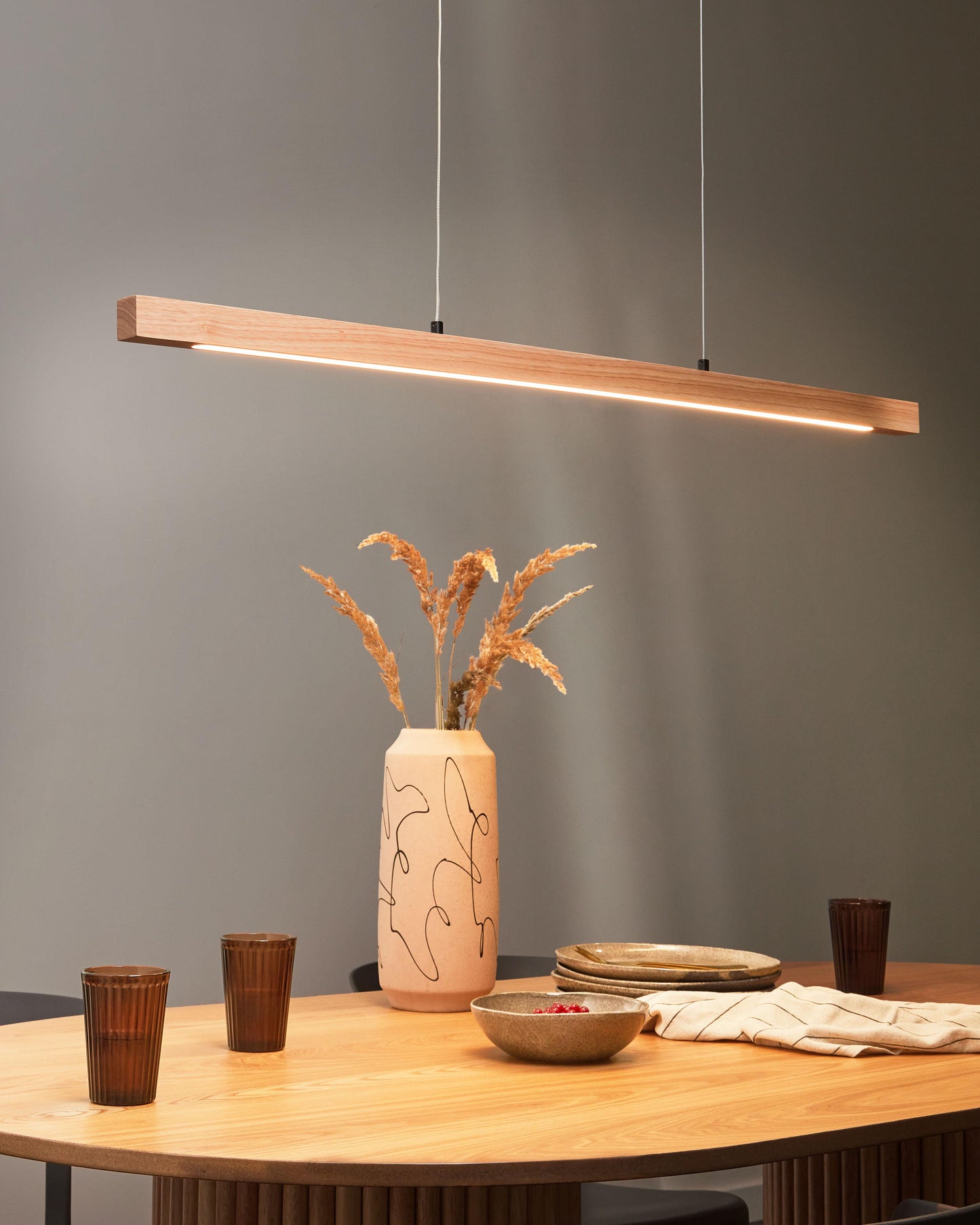  LED Pendant Lamp STEWARTS With Dimmer Oak Wood Light Brown